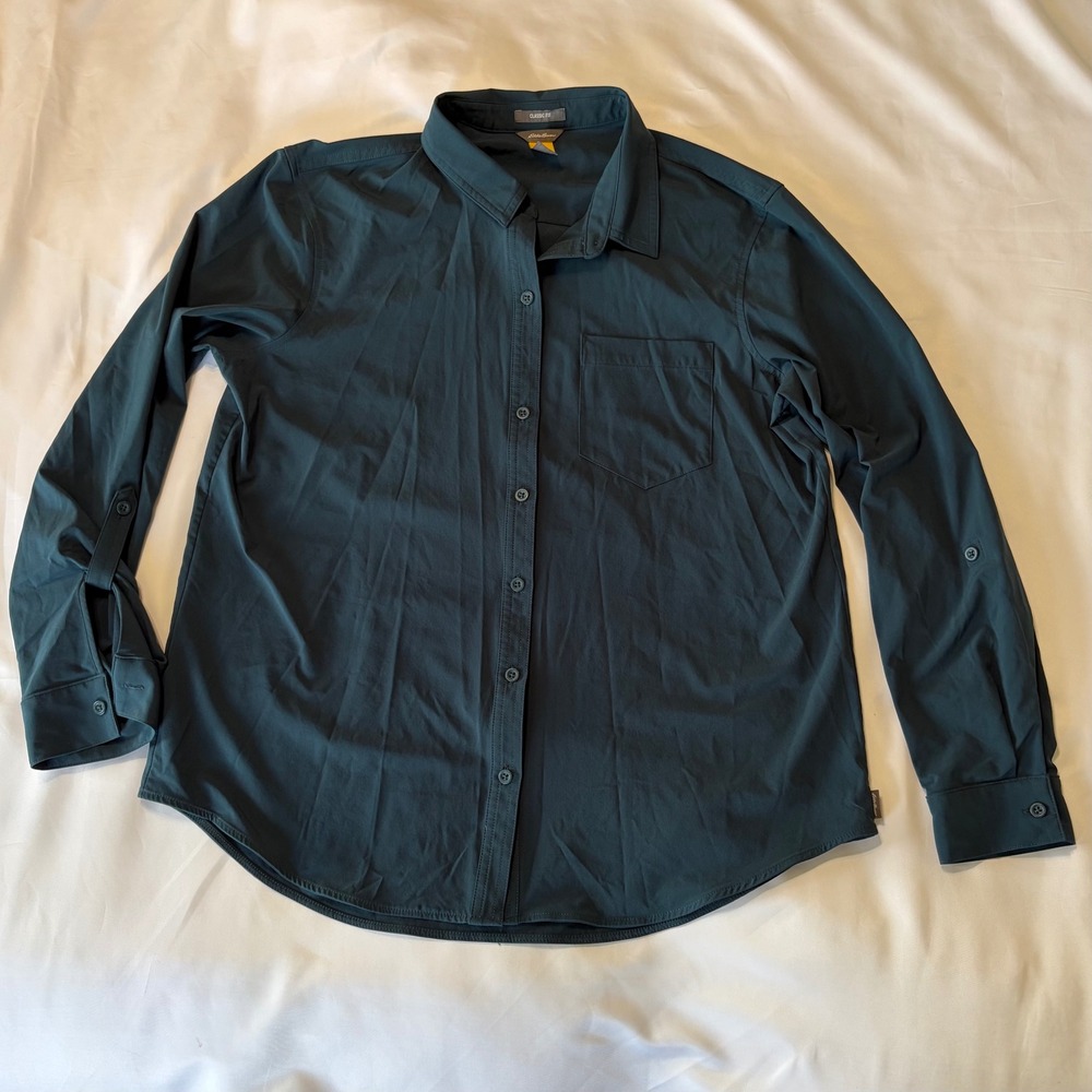 Eddie Bauer Women Large Classic Fit Roll Tab Sleeve Button Down Shirt Dark Teal